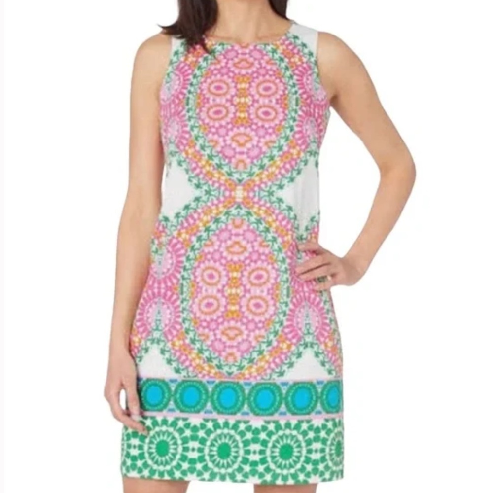 LONDON TIMES Mosaic Print Sleeveless Shift Dress Size 8 in Bright Pink Print - Picture 1 of 7